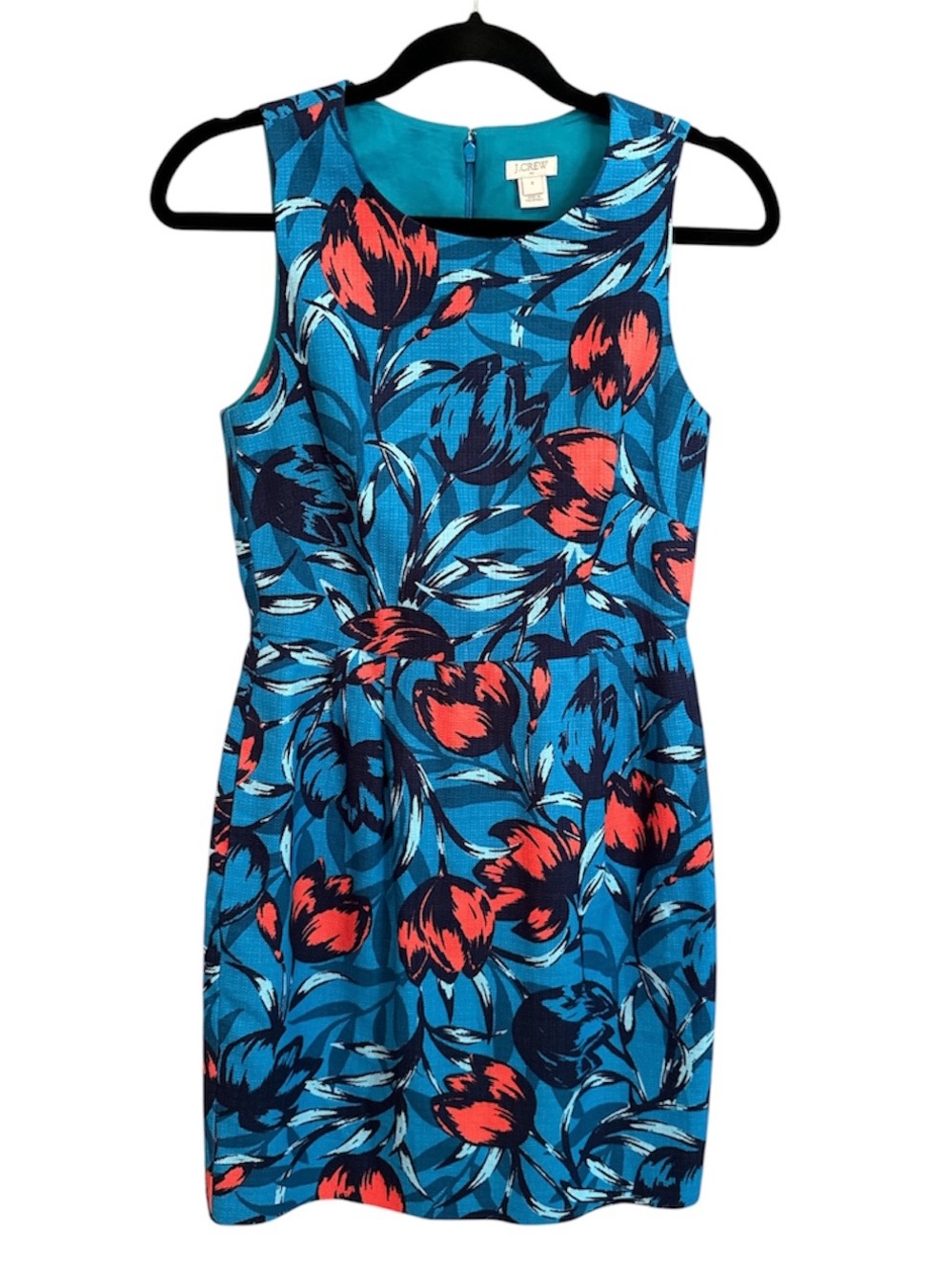 J CREW Printed Textured Blue Cotton Dress Orange Tulip Accents Sheath Pockets